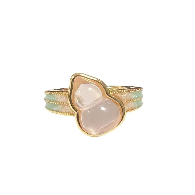 Adjustable copper ring with vintage oil-dripping gourd design, inlaid zircon stones, and flower and bow shapes in New Chinese style