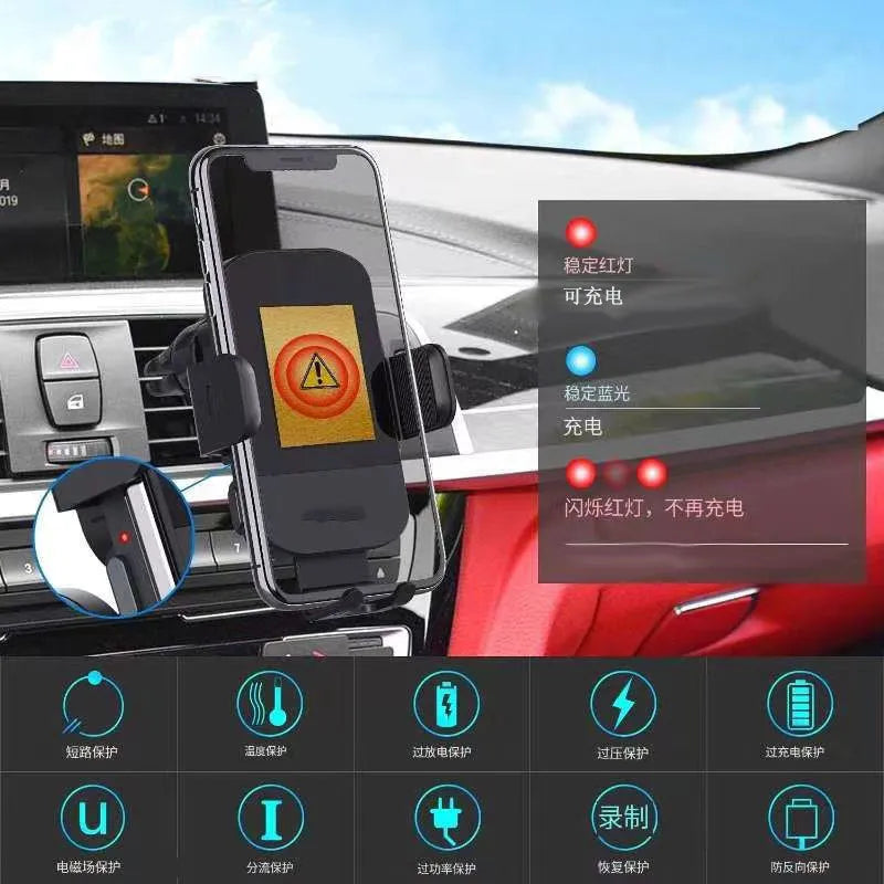 Black car wireless charging stand mounted to dashboard with 15W fast charging for smartphones