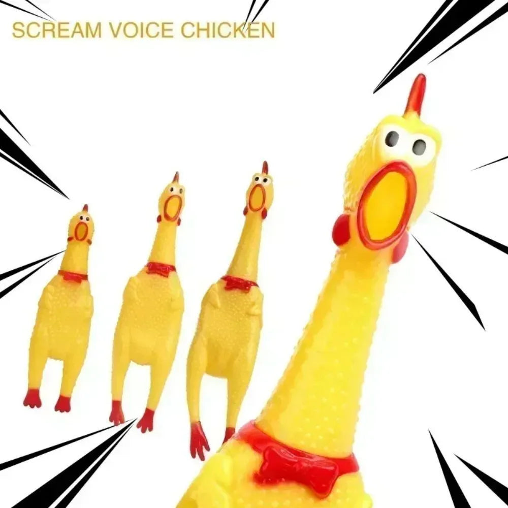 Yellow rubber squeaking chicken dog toy shown in small, medium, and large sizes.
