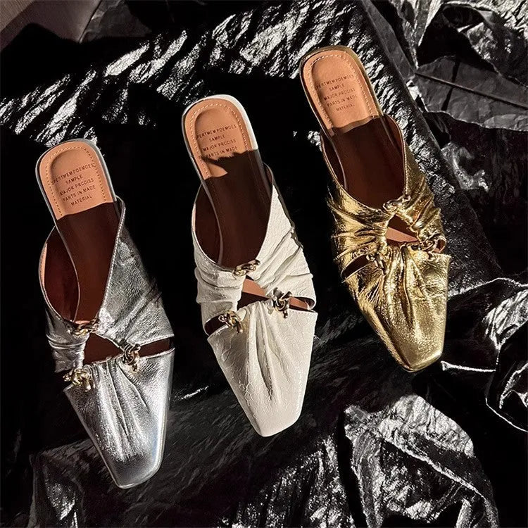 Women's genuine leather half-toe cap slippers in silver with a square toe and low TPR sole.