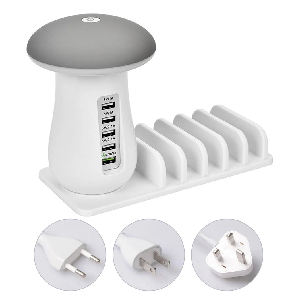 Besegad Mushroom LED Light Lamp USB Charging Dock Station with 5 ports and soft night light