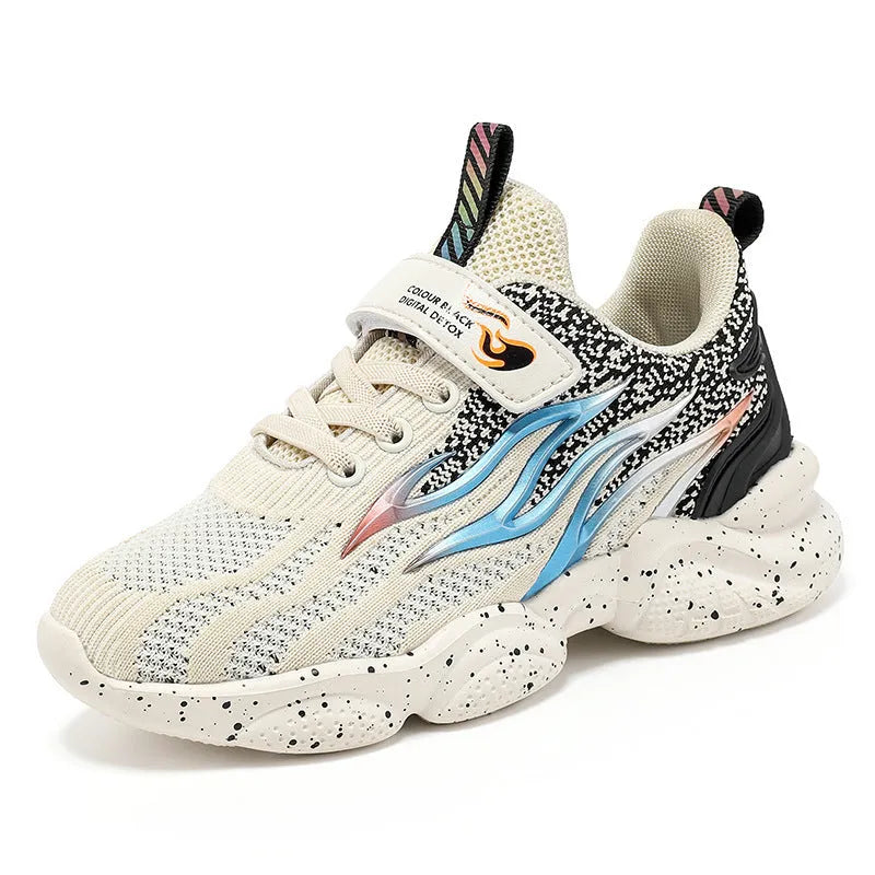 Boys mesh sneakers with textile and TPU upper in beige, black gold, and black red colours