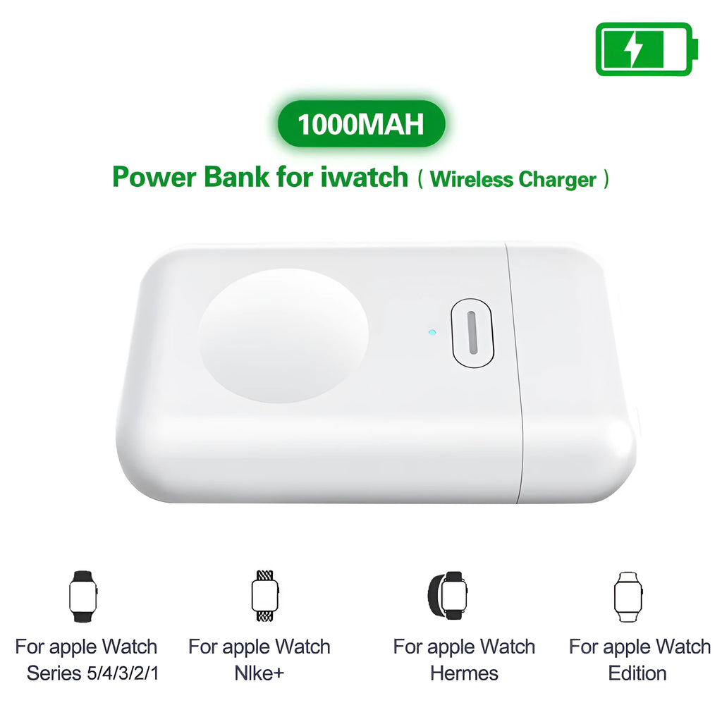 White Apple Watch magnetic wireless portable charger showing compact dimensions