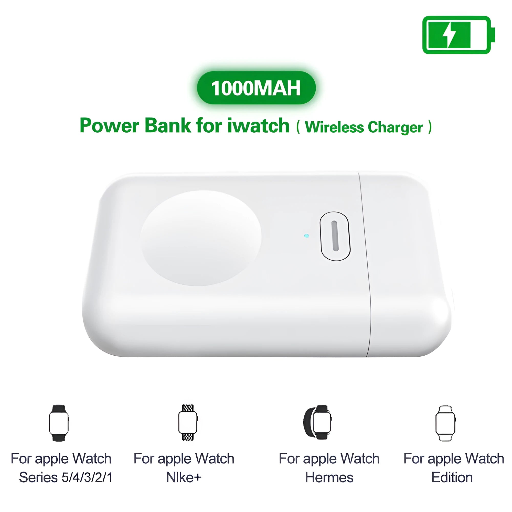 White Apple Watch magnetic wireless portable charger showing compact dimensions
