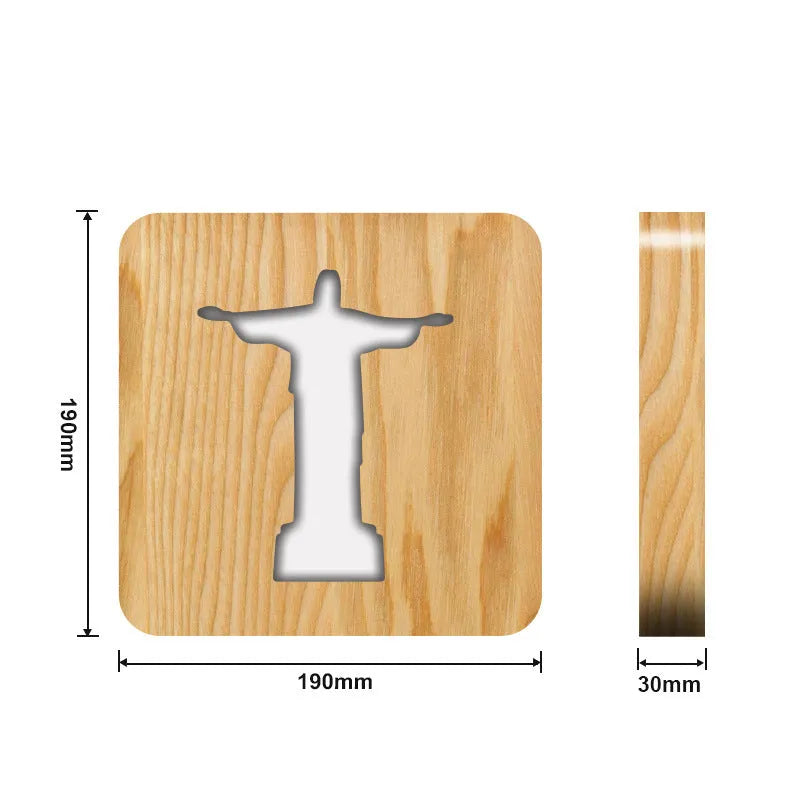 Solid wood hollow LED night lamp with warm white light, showing wooden lampshade and compact 190x190x30mm dimensions.