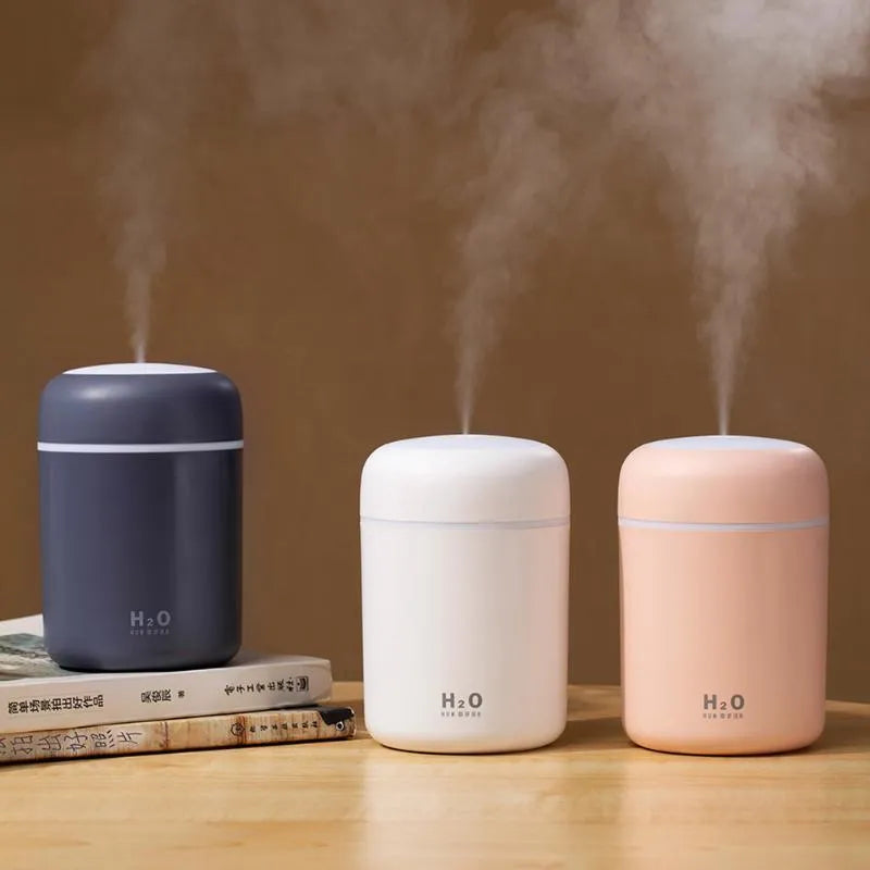 Pink USB desktop humidifier with 300ml water tank and adjustable mist control