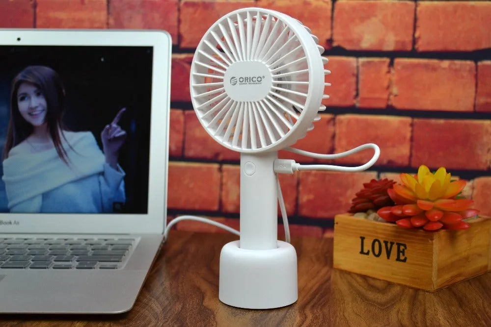 ORICO FH1 white portable USB rechargeable fan with fine lines texture, compact design for desktop use