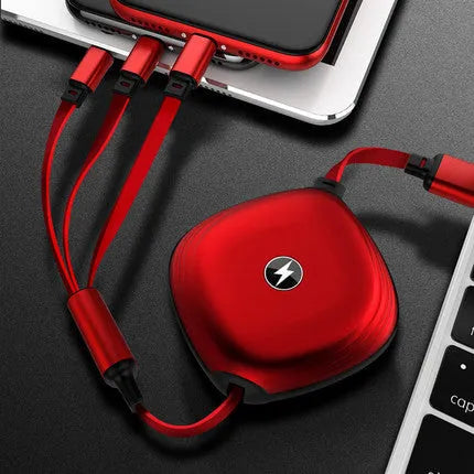 3-in-1 telescopic charging cable with TPE-coated 120cm wire and titanium alloy connectors in multiple colour options