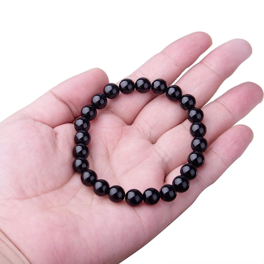 Black geometric agate bead bracelet with elastic cord, 8mm bead size