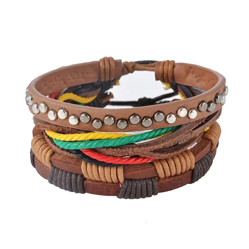 Leather bracelet with adjustable 6cm diameter, hand-woven from cowhide, wax rope, wooden beads, and hemp rope