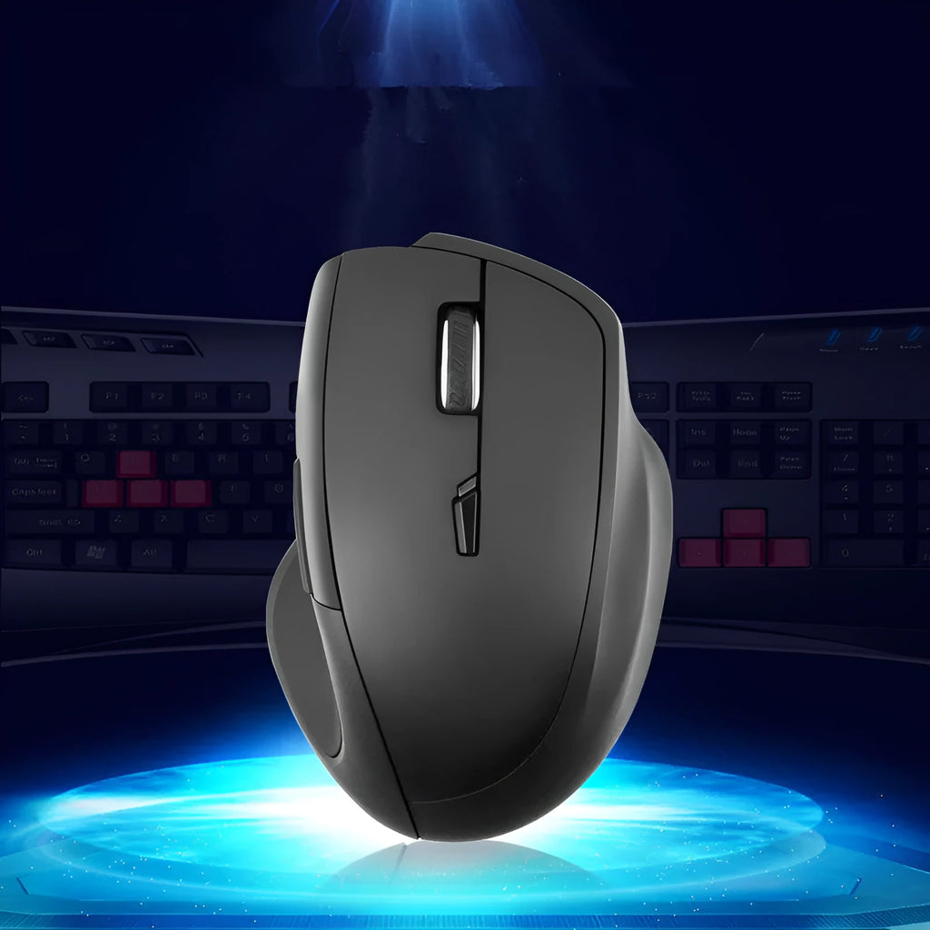 Black voice control wireless mouse with seven buttons and USB receiver.