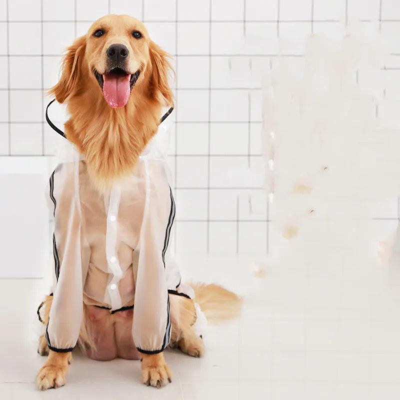 Transparent waterproof large dog raincoat made from raincoat cloth and TPU material, sizes XS to 7XL