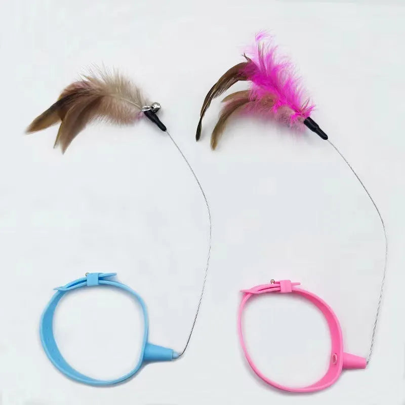 Blue adjustable cat collar toy with silicone teasing wand and feather attachment