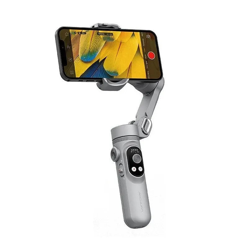 Silver grey Pro Mobile PTZ three-axis smartphone stabiliser gimbal with tripod extension and storage case