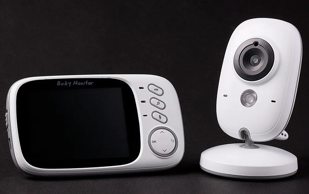 VB603 digital baby monitor showing parent unit with 3.2-inch screen and separate camera with night vision LEDs.
