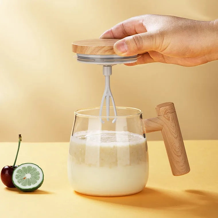 400ml clear borosilicate glass electric self-stirring coffee mug with mixing button.