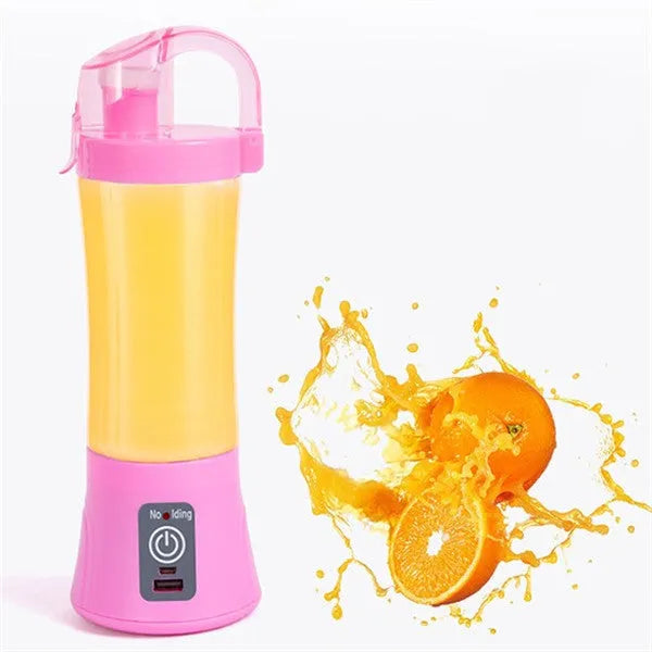Blue handheld USB rechargeable electric juicer with 400ml cup and blending blade.