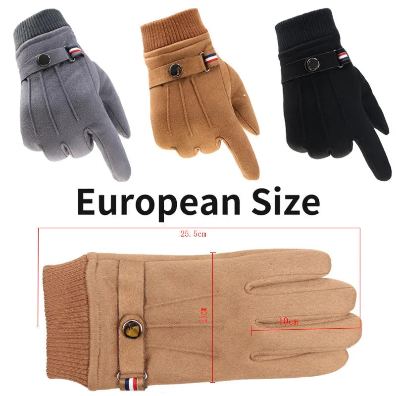 Men's suede winter gloves in black, brown, or grey, wrist length, for autumn and winter