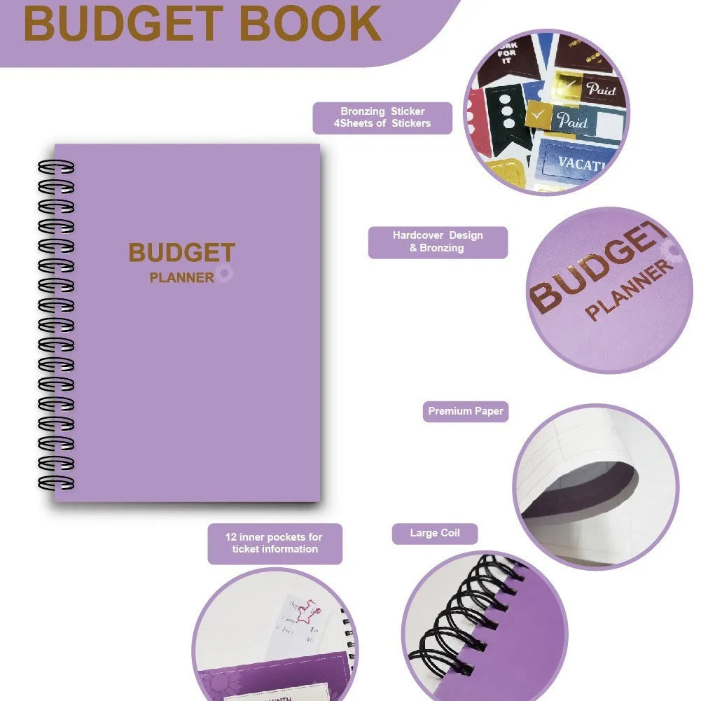 Purple coil-bound financial planning notebook open on a monthly budget page with pen and stickers.