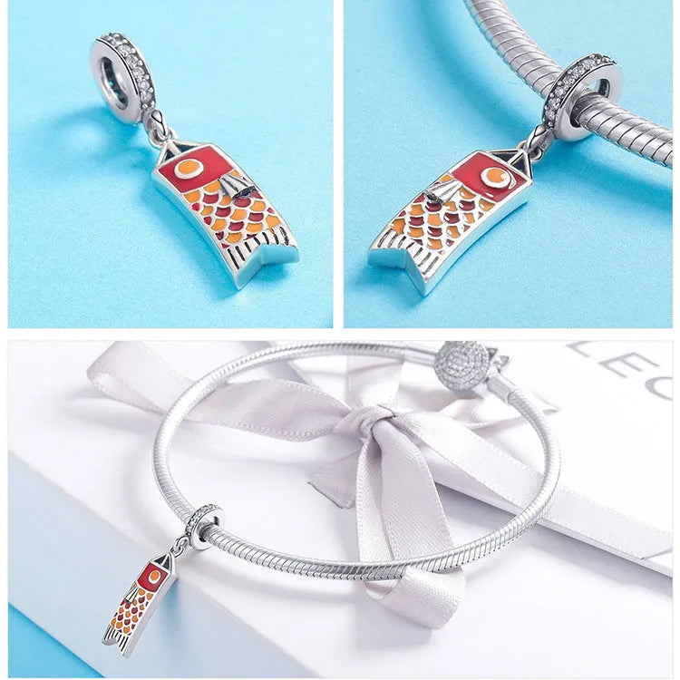 S925 sterling silver carp streamer fish pendant necklace with oxidised finish and zircon details