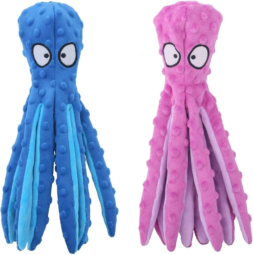Blue octopus-shaped dog chew toy with crinkle paper and squeaker, no stuffing.