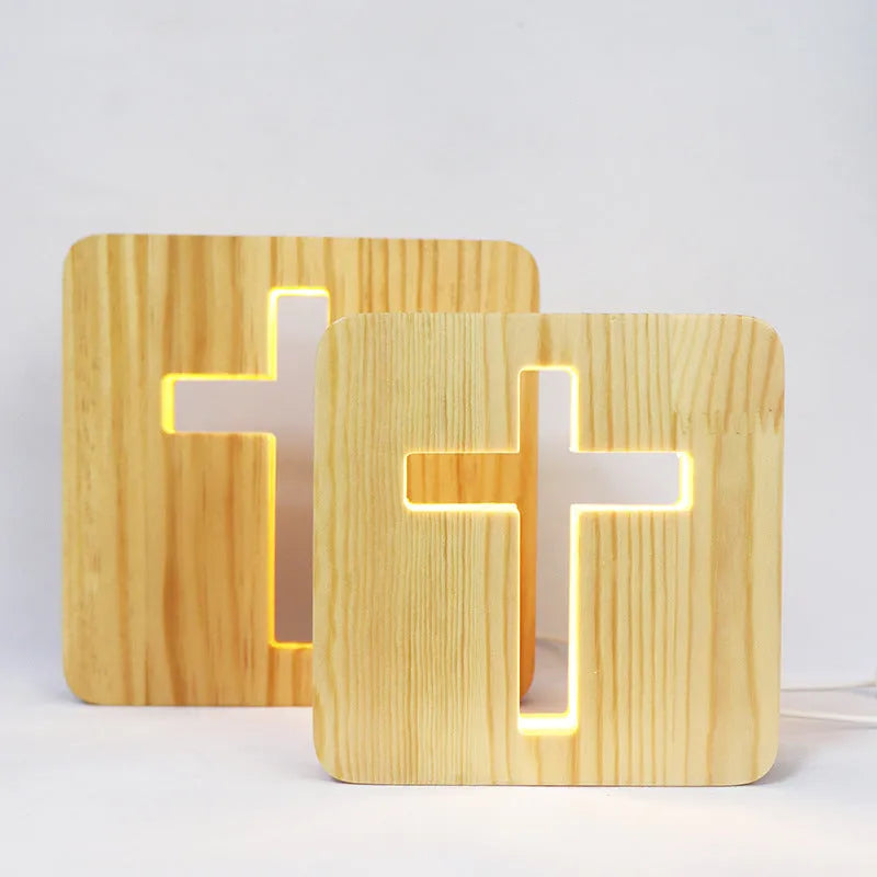 Solid wood hollow LED night lamp with warm white light, showing wooden lampshade and compact 190x190x30mm dimensions.