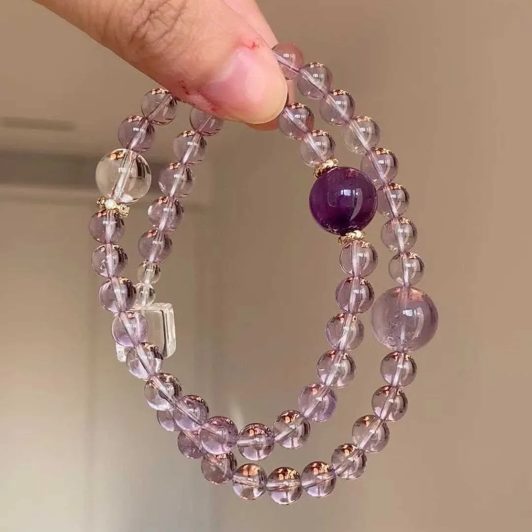 Women's artificial amethyst bracelet with pearl and four-leaf clover charm on U-shaped crystal bangle
