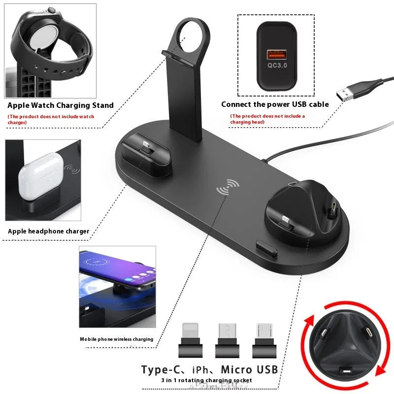 Aluminium wireless charging stand for mobile phone with headset and watch holder in silver colour