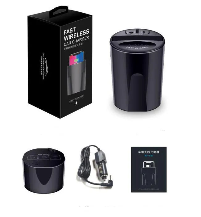 Black X9 car wireless charging cup and mount on a car dashboard with charging indicator light on.