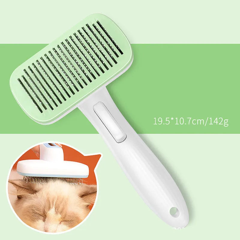 Pet automatic hair removal comb showing 10.7x19.5cm dimensions with one-click hair removal system