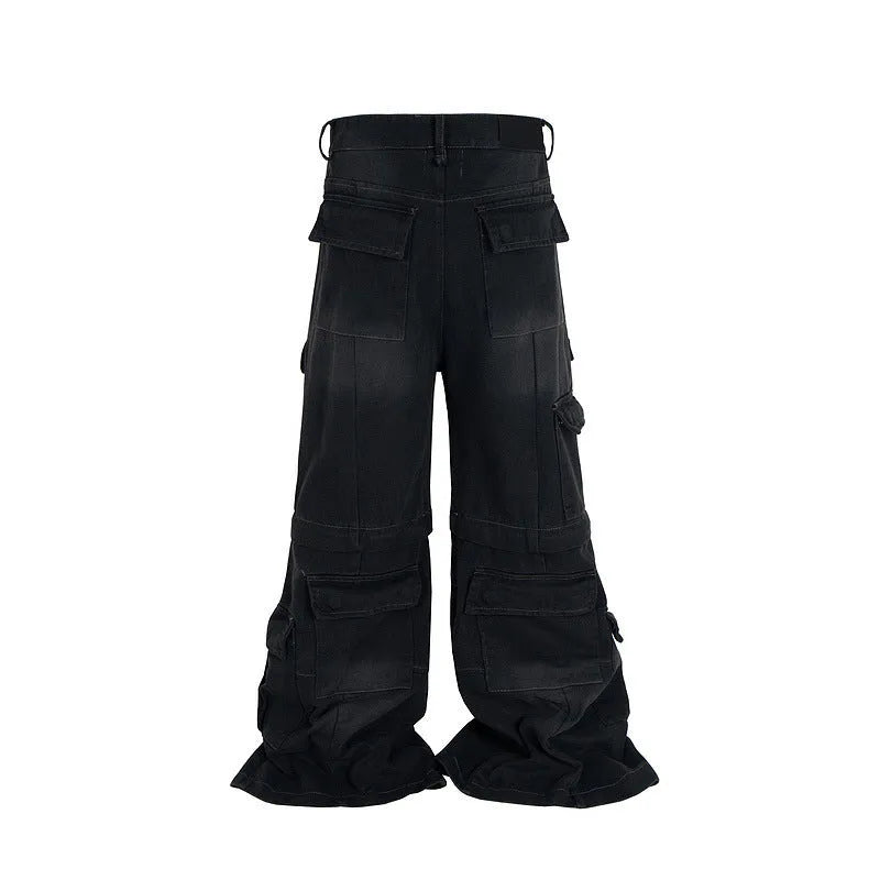 Washed-out cotton detachable overalls with multiple pockets in black or blue colours