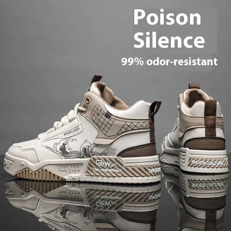 Men's high-top lace-up board sneakers in beige, white, and blue colours with rubber soles.