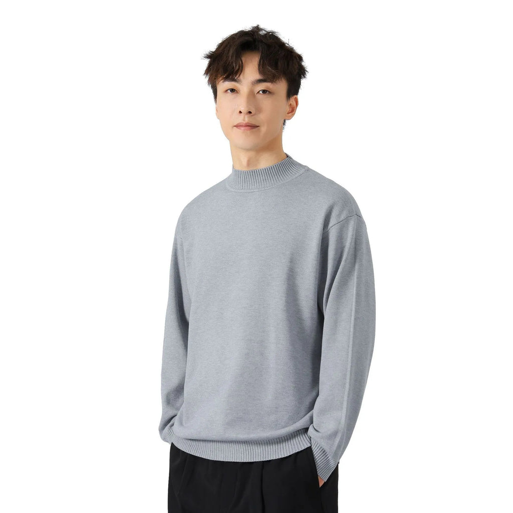 Men's solid colour loose long-sleeved pullover sweater on a hanger, shown in army green.