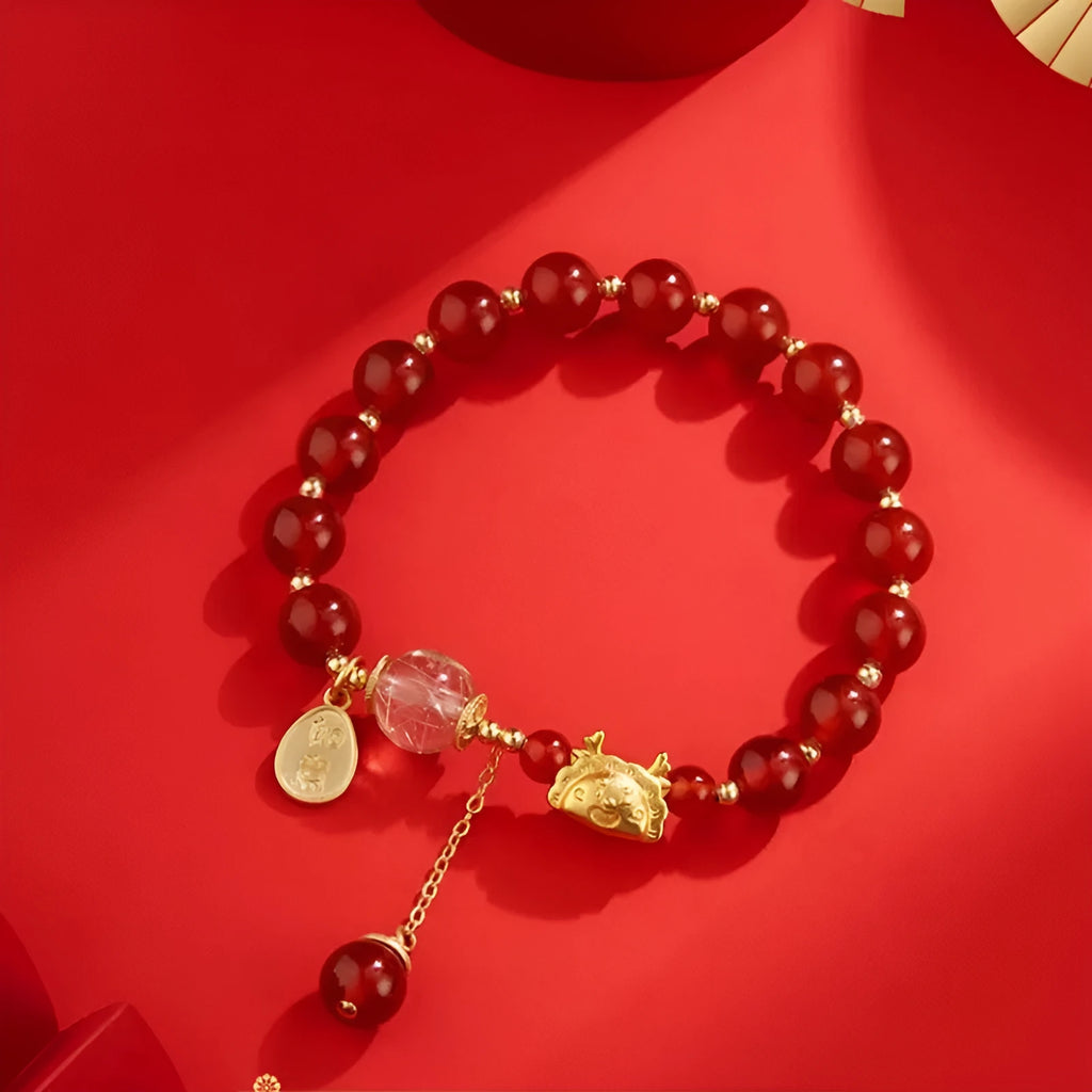 Hetian jade and red agate bracelet with dragon motif, 8mm beads, 925 silver and 14k gold plating