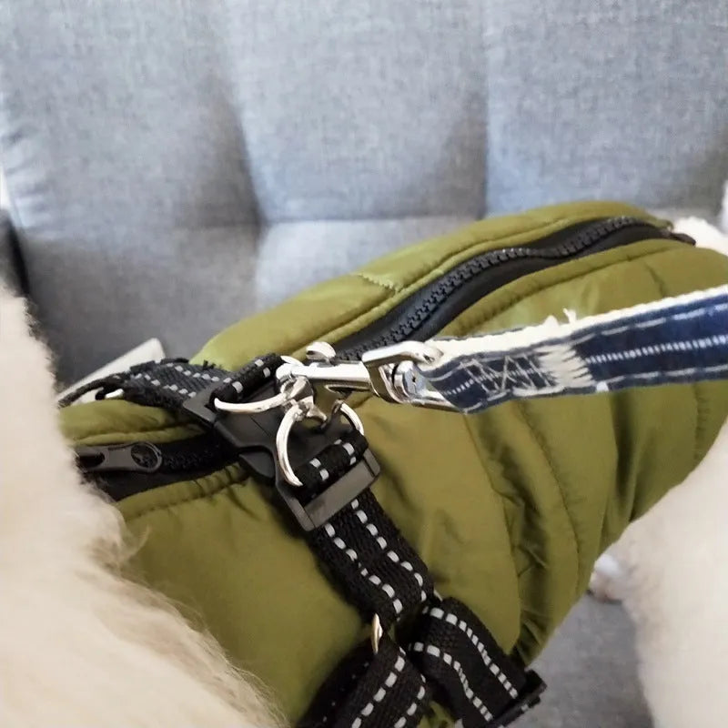 Waterproof dog coat with harness hole in rain silk fabric, available in multiple sizes and colours