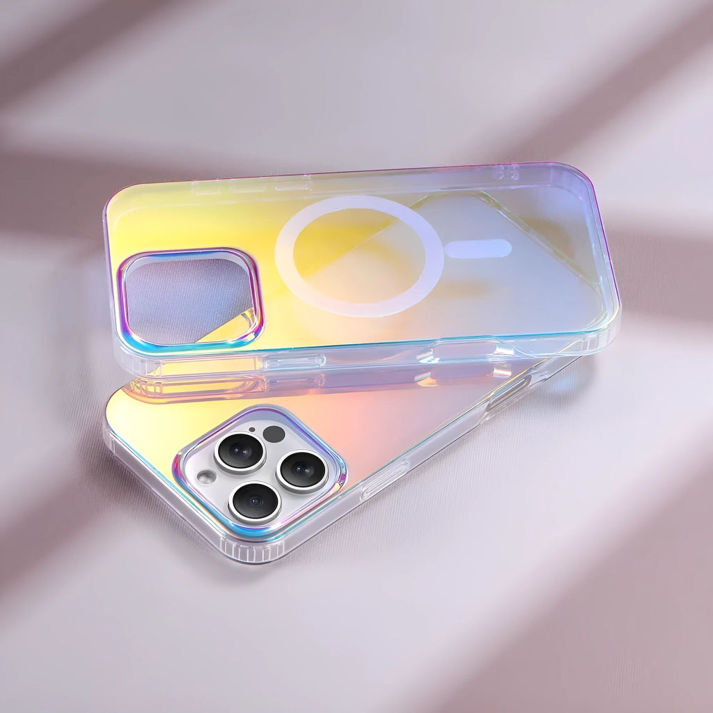Glossy transparent iPhone case with chameleon colour effect on iPhone 14 Pro