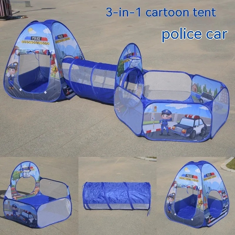 Three-piece children's play tent with marine cartoon design and tunnel sections for 4-6 year olds