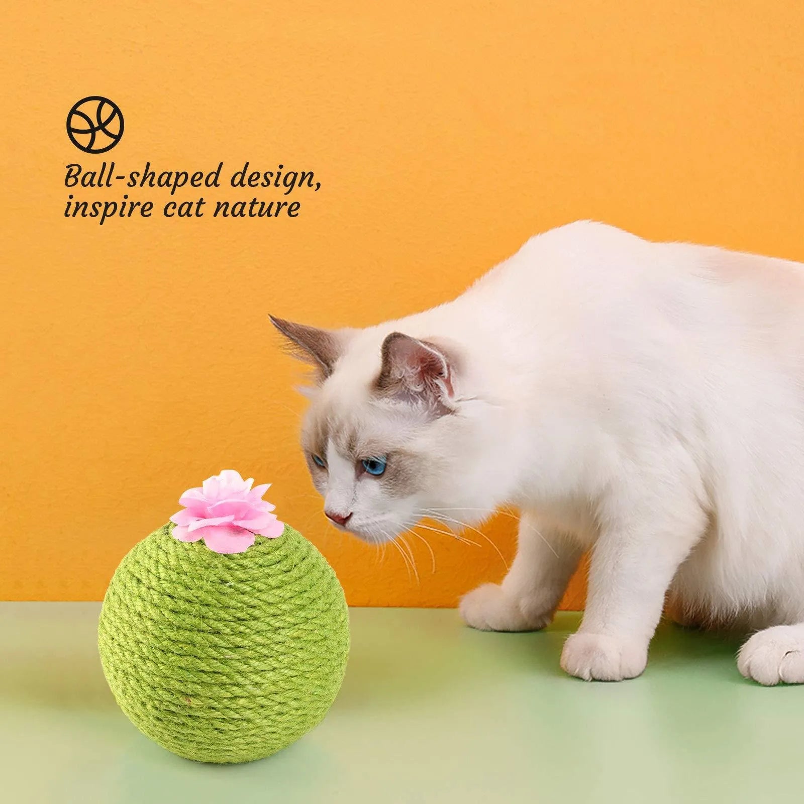 Green tumbler cactus cat scratcher with natural sisal surfaces and integrated ball toy