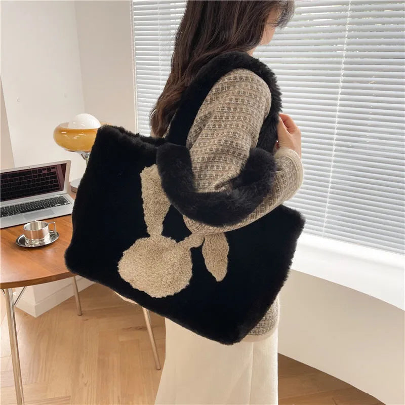 Cartoon rabbit ears plush tote bag in solid colour with shoulder strap for autumn winter use