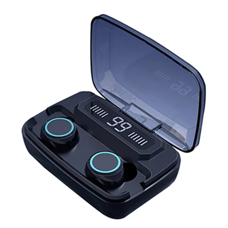 Black Bluetooth wireless headset with digital power display showing battery percentage, placed in charging case
