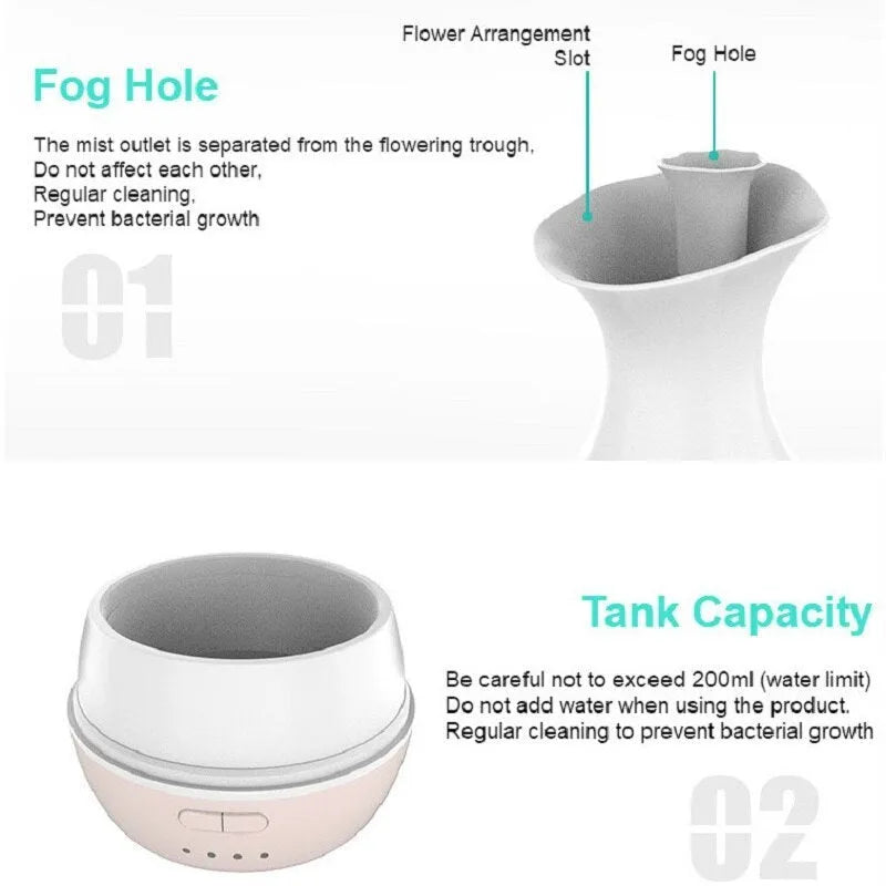 White ultrasonic aromatherapy humidifier with colourful LED night light and 200ml water tank capacity