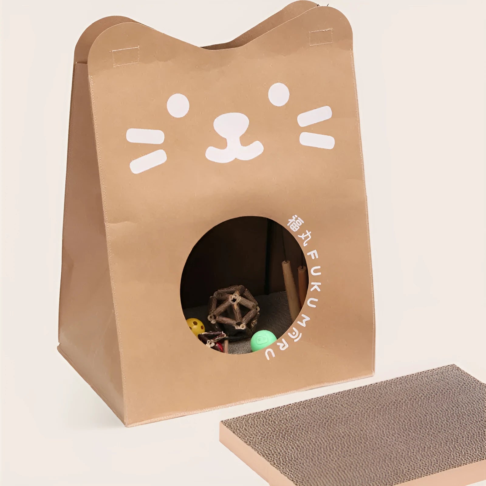 Brown washable kraft paper cat nest with integrated corrugated paper scratching board