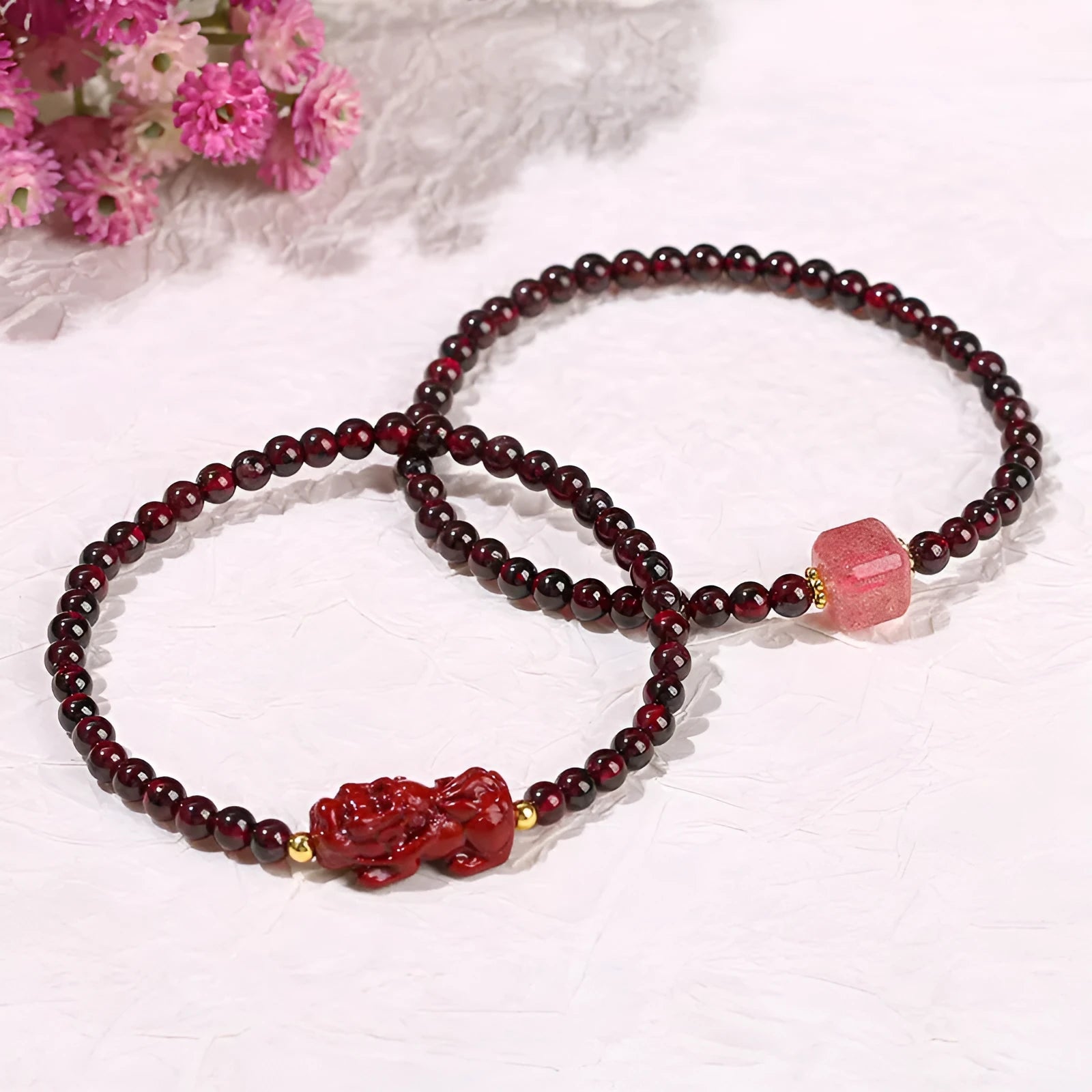 Natural garnet square bracelet with geometric design and Pixiu charm, 3A purity grade