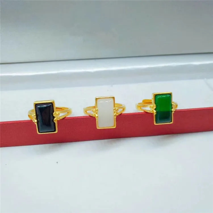 Adjustable brass gold-plated ring with electroplated finish and inlaid gemstone in choice of colours