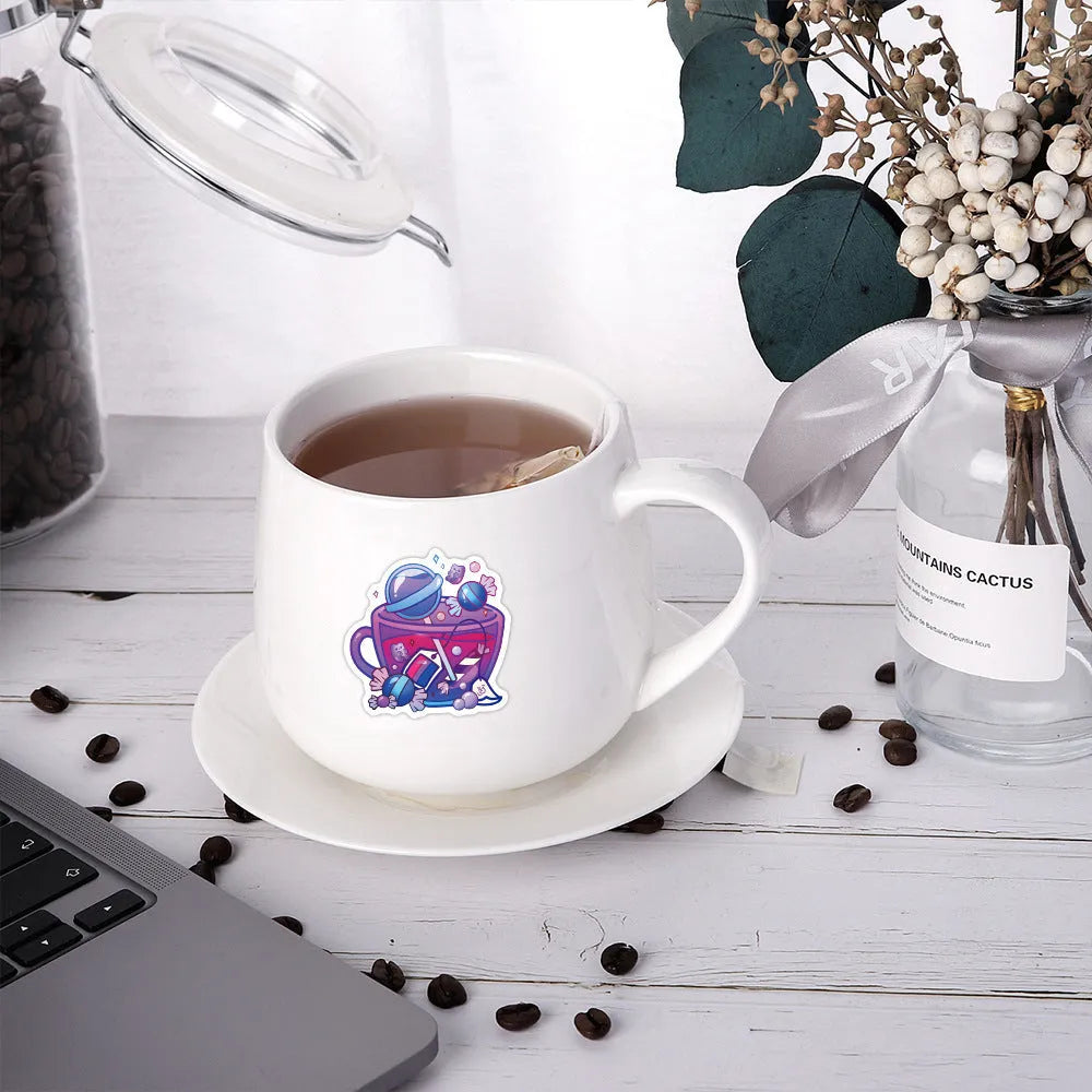 Pack of 50 colourful tea cup graffiti stickers in Nordic style for DIY luggage and scooter decoration