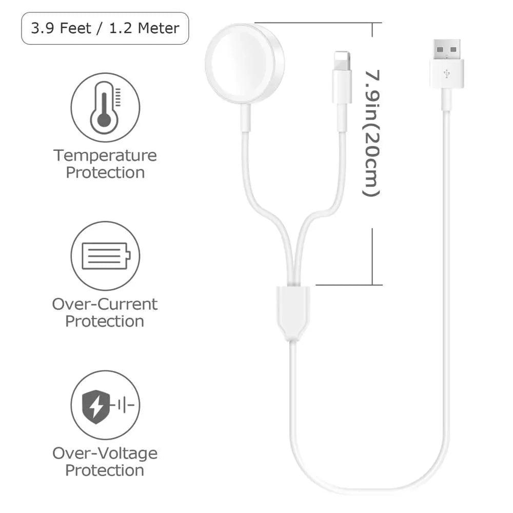 White two-in-one wireless charging stand for smartwatches with USB connection