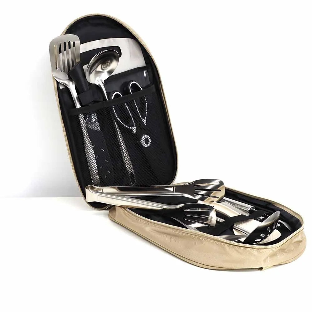 12-piece stainless steel picnic set with storage bag in khaki, green, or brown colour options