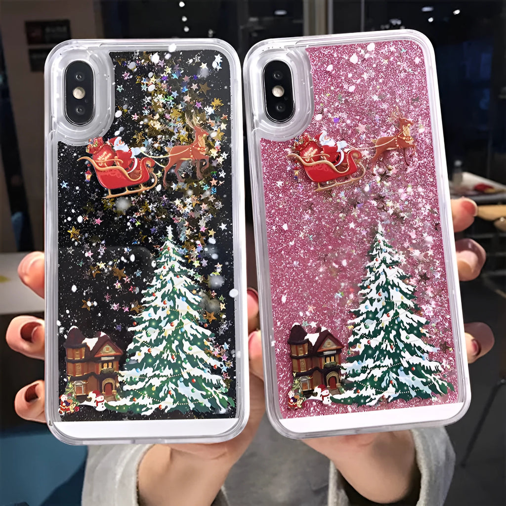 Transparent Christmas quicksand iPhone case with Santa Claus snowflake design on iPhone