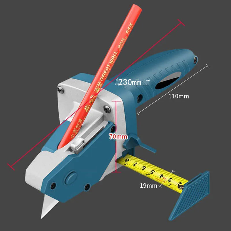 Blue aluminium woodworking cutter with one-press lock button and integrated tape measure for precise cutting
