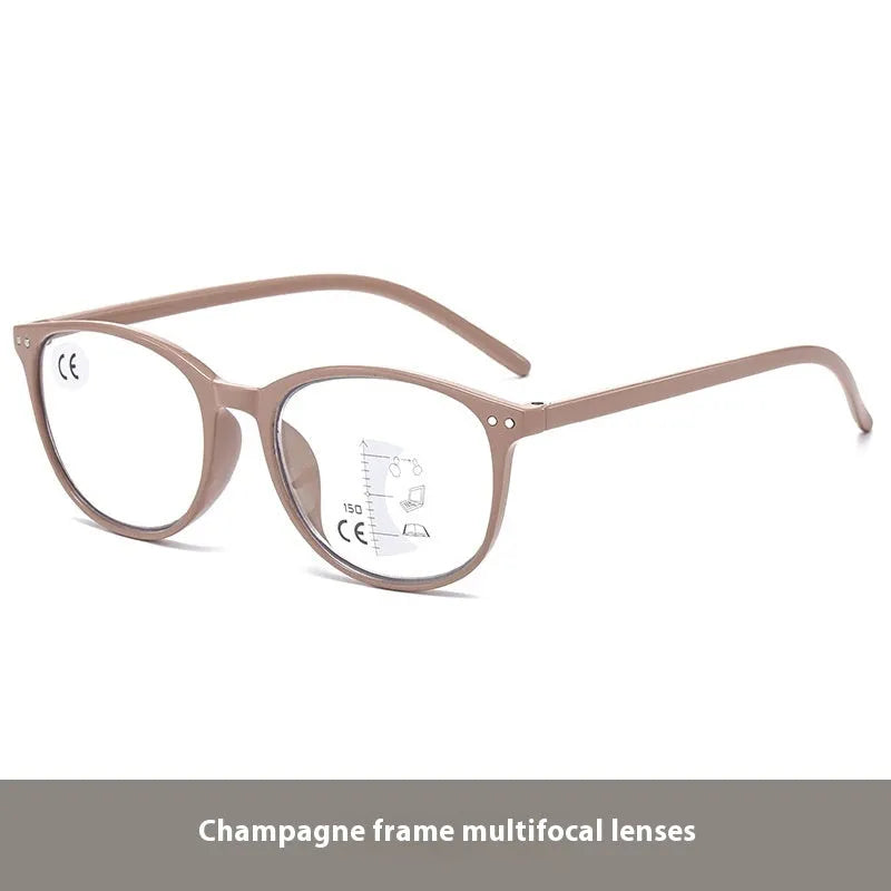 Women's multi-focus presbyopic glasses with ultra-light frame and adjustable nose pads in black and blue colour option